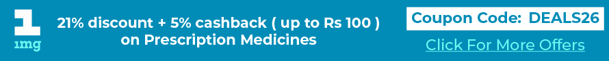 Get 21% discount + 5% cashback ( up to Rs 100 ) on Prescription Medicines